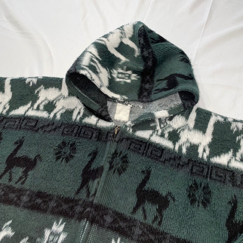 Vintage‎ Llama Pattern Zip Up Hoodie Forest Green Southwestern Knit Jacket XL